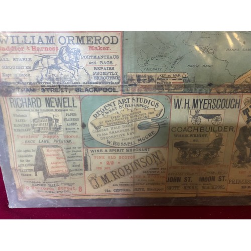 50 - Large late Victorian early Edwardian map of Blackpool displayed on board with local adverts.