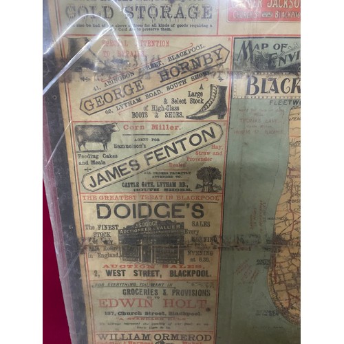 50 - Large late Victorian early Edwardian map of Blackpool displayed on board with local adverts.