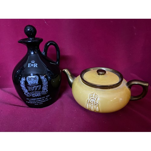 72 - Collection of novelty teapots and commemorative jug.