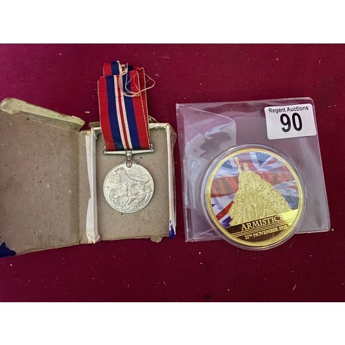 90 - Original WW2 medal and large Armistice coin.