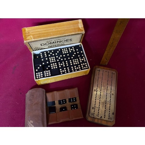 176 - WW2 pocket dominoes, antique brass cribbage board and imperial dominoes.