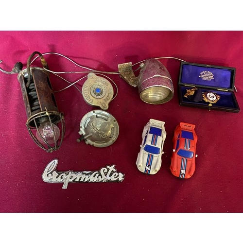 378 - Collection of vintage car parts and accessories. Also a 1910 Manchester Unity IOOF medal