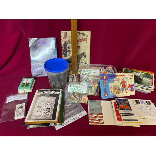 Selection of old coins with valuations book, cigarette cards, postcards