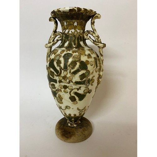 112 - Antique pottery urn/vase, hand decorated on wooden plinth standing 29 cms tall