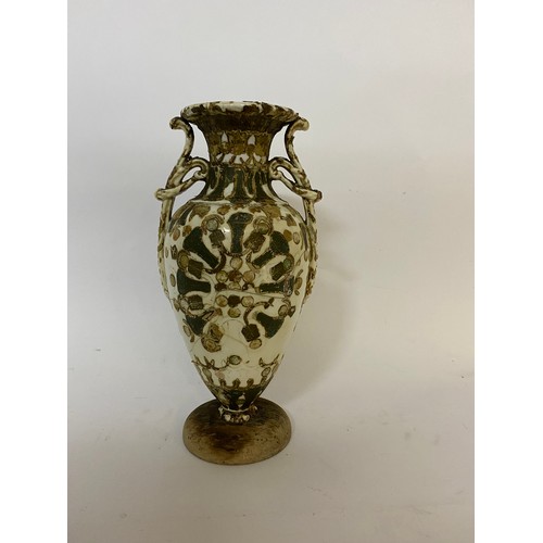 112 - Antique pottery urn/vase, hand decorated on wooden plinth standing 29 cms tall