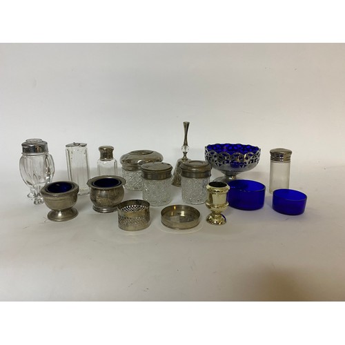 113 - Vintage silver plate and chrome bottles, dishes, pots, bell and blue glass liners