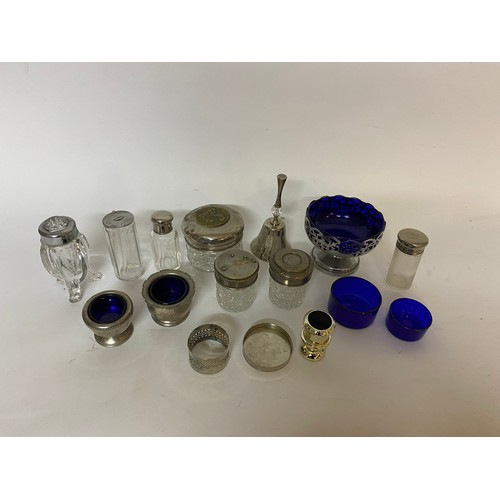 113 - Vintage silver plate and chrome bottles, dishes, pots, bell and blue glass liners