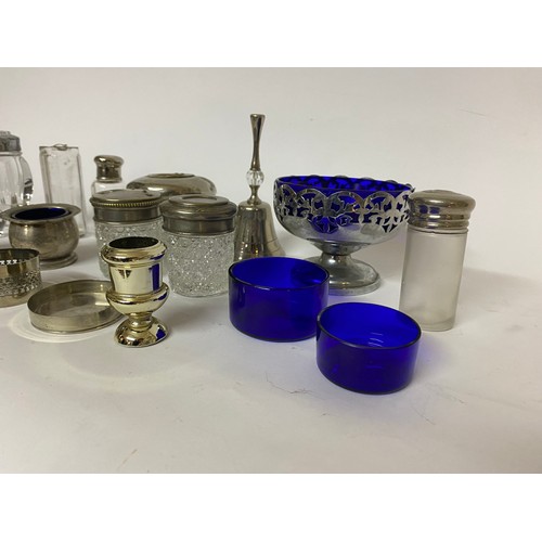 113 - Vintage silver plate and chrome bottles, dishes, pots, bell and blue glass liners