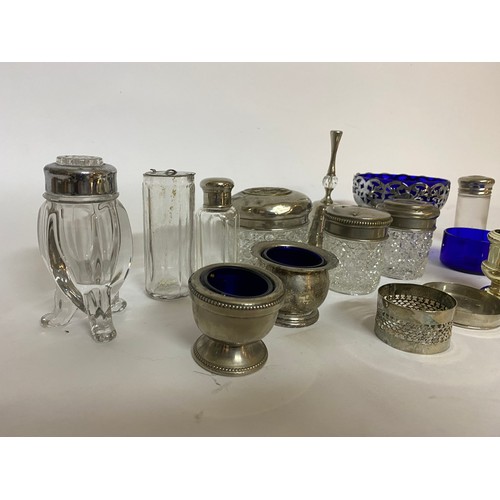 113 - Vintage silver plate and chrome bottles, dishes, pots, bell and blue glass liners