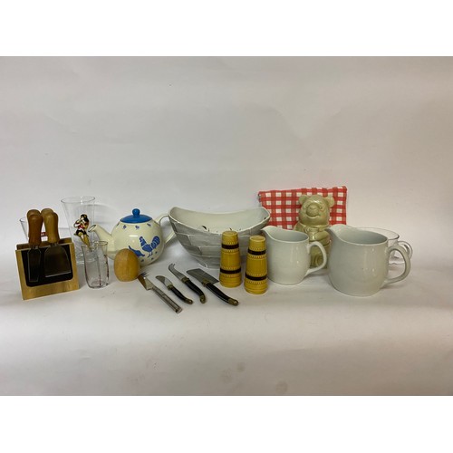 117 - Assortment of vintage Kitchenalia including Pooh Bear honey pot, Laguiole cheese knives, jugs, salt ... 