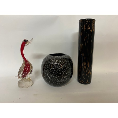 135 - Vintage Murano style bubble controlled glass duck, Italian glass vase and tall cylindrical glass vas... 