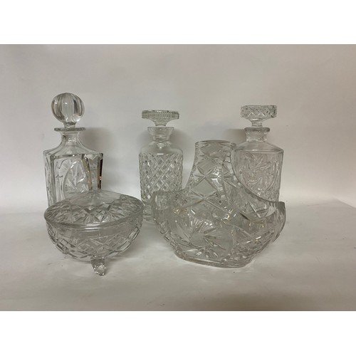 154 - 3 Crystal decanters, 1 basket and 1 lidded Bon-Bon dish.