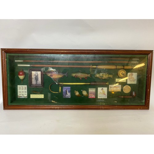 179 - Fishing memorabilia in framed wall hanging display case, 84x35cms