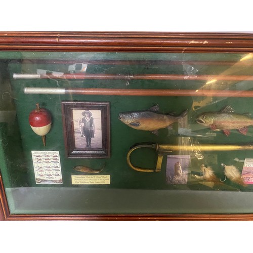 179 - Fishing memorabilia in framed wall hanging display case, 84x35cms