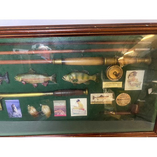 179 - Fishing memorabilia in framed wall hanging display case, 84x35cms