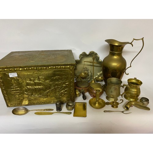 223 - Selection of brass and metalware and a brass embossed log box