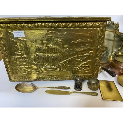 223 - Selection of brass and metalware and a brass embossed log box