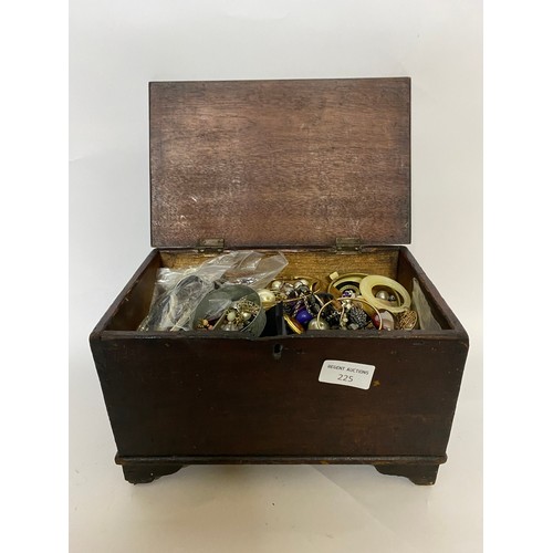 225 - Selection of costume jewellery in wooden box measuring 28 x 18 cms