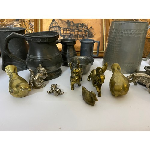 250 - Selection of Pewter tankards, brass and metal miniatures and copper embossed pictures