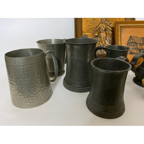 250 - Selection of Pewter tankards, brass and metal miniatures and copper embossed pictures