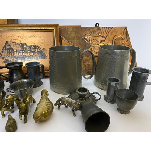 250 - Selection of Pewter tankards, brass and metal miniatures and copper embossed pictures