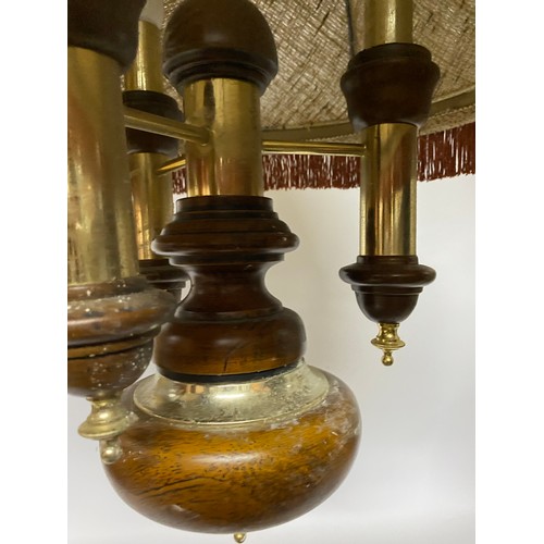 256 - 3 arm wood and metal light fitting with fabric shade measuring 70cms tall