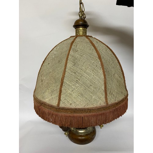 256 - 3 arm wood and metal light fitting with fabric shade measuring 70cms tall