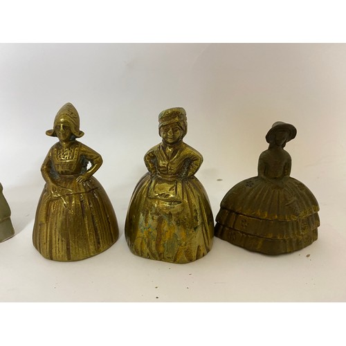 278 - 5 x brass bells in the shape of ladies, largest measures 9 cms tall