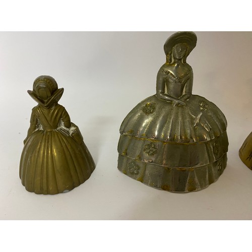 278 - 5 x brass bells in the shape of ladies, largest measures 9 cms tall