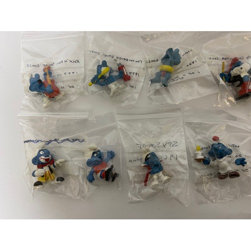 313 - 10 x vintage Smurfs, all original vintage figures from 1996 Spysmurf to 1979. Made by Peyo Schleich