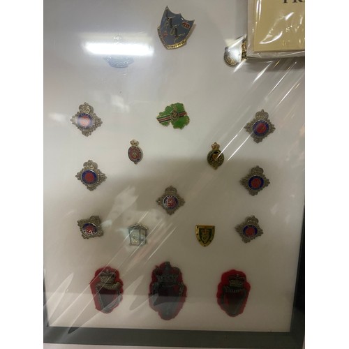 343 - Selection of ribbons, stars, oak leaves USA in box and 2 x framed sets of enamel badges, one contain... 