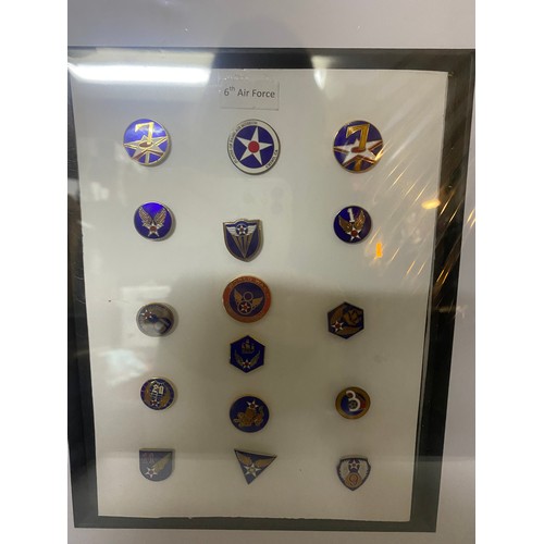 343 - Selection of ribbons, stars, oak leaves USA in box and 2 x framed sets of enamel badges, one contain... 