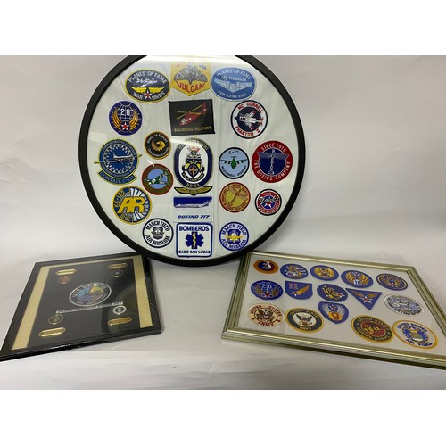 344 - Selection of 3 x framed badges, one containing aircraft sew on badges in round frame, one containing... 