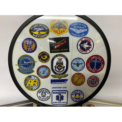 344 - Selection of 3 x framed badges, one containing aircraft sew on badges in round frame, one containing... 