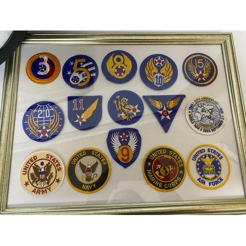 344 - Selection of 3 x framed badges, one containing aircraft sew on badges in round frame, one containing... 