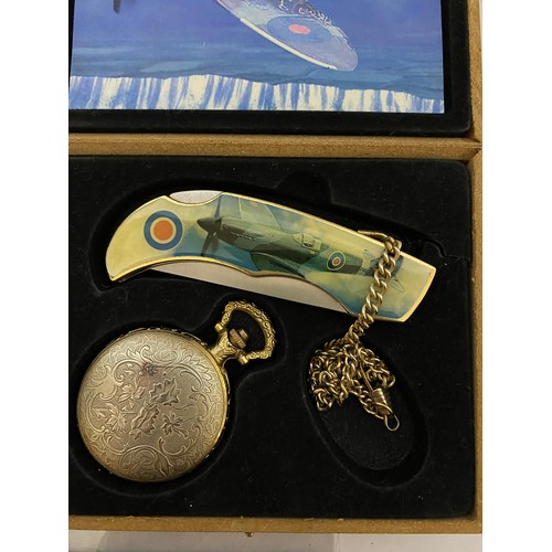 354 - RAF Spitfire watch and penknife set and selection of Scottish military sew on badges