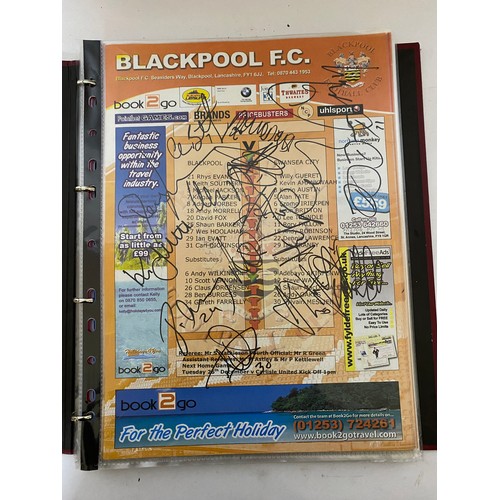 51 - Album of hand signed Blackpool FC team sheets with several autographs