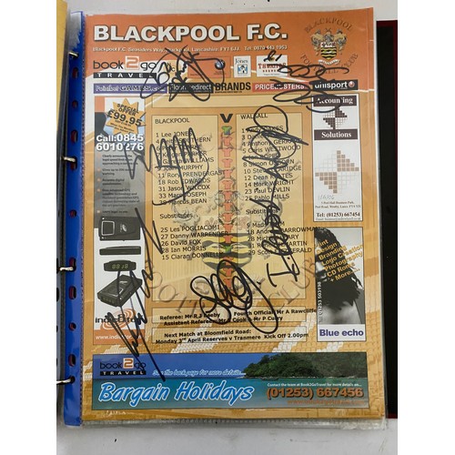 51 - Album of hand signed Blackpool FC team sheets with several autographs