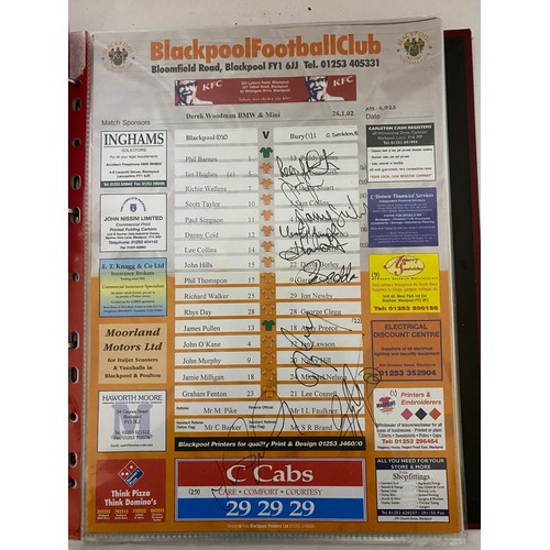 51 - Album of hand signed Blackpool FC team sheets with several autographs