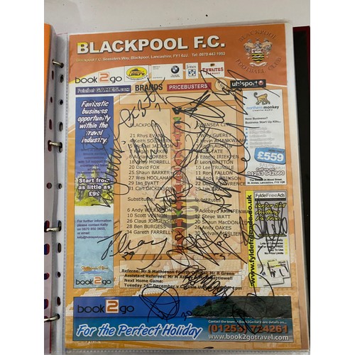 51 - Album of hand signed Blackpool FC team sheets with several autographs