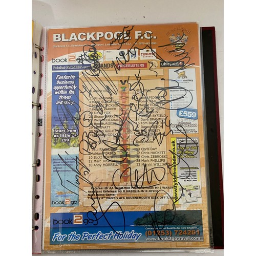 51 - Album of hand signed Blackpool FC team sheets with several autographs