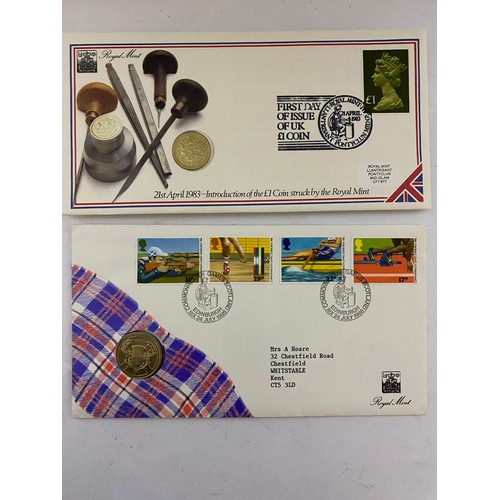 87 - Mint first day covers with uncirculated 20p, £1, £2, and 50p coins and crown covers