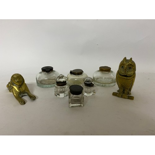 93 - Collection of Antique cut glass and brass inkwells.