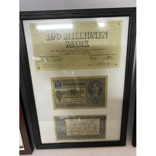 384 - Selection of old German banknotes in 3 black frames