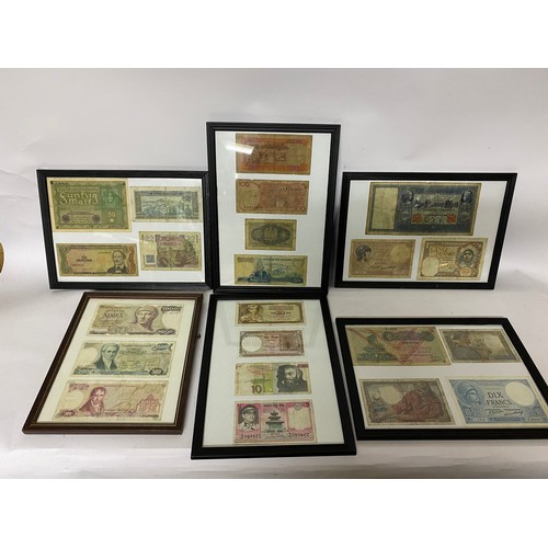 386 - Selection of old foreign banknotes in 6 black frames