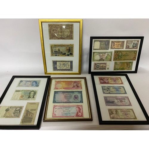 391 - Selection of vintage foreign banknotes from various countries in 5 frames.