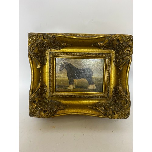 398 - Picture of shire horse in gold ornate frame, measures 33x28cms