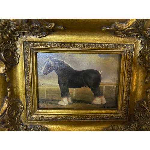 398 - Picture of shire horse in gold ornate frame, measures 33x28cms