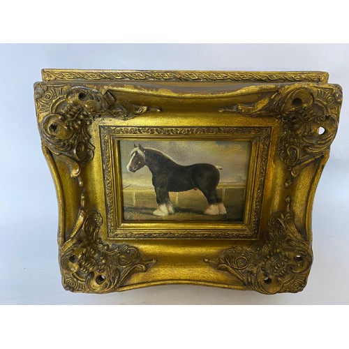 398 - Picture of shire horse in gold ornate frame, measures 33x28cms