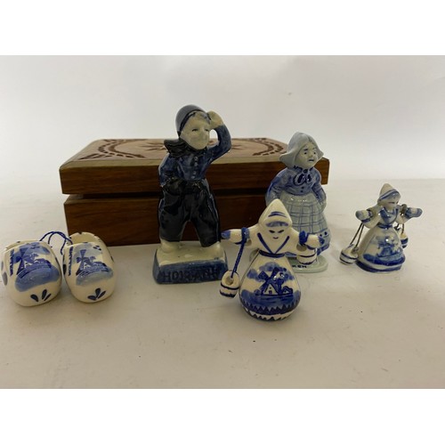 139 - Selection of Delft pottery in wooden jewellery box